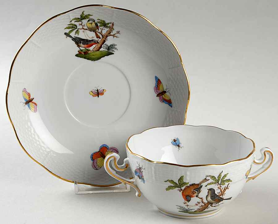 Rothschild Bird (RO) Flat Cream Soup Bowl & Saucer Set by Herend-1