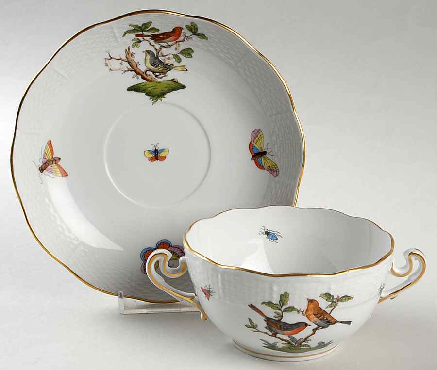 Rothschild Bird (RO) Flat Cream Soup Bowl & Saucer Set by Herend-1