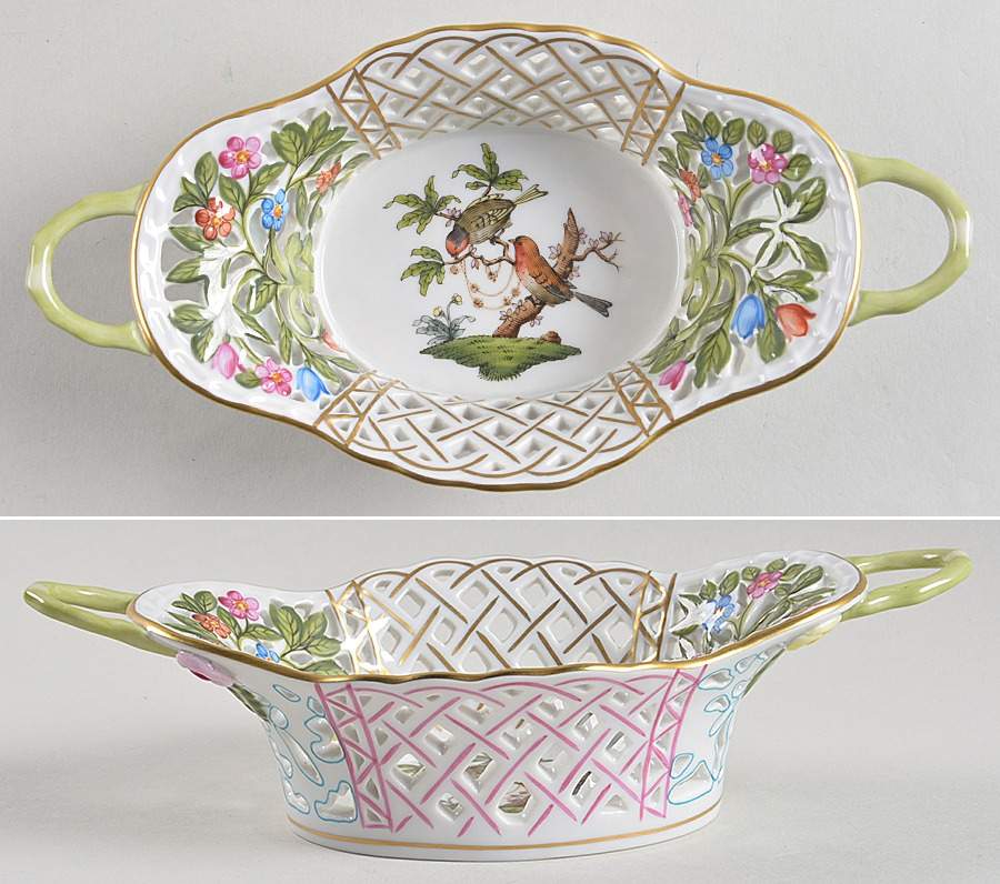 Rothschild Bird (RO) 7" Handled Oval Open Weave Basket by Herend-1