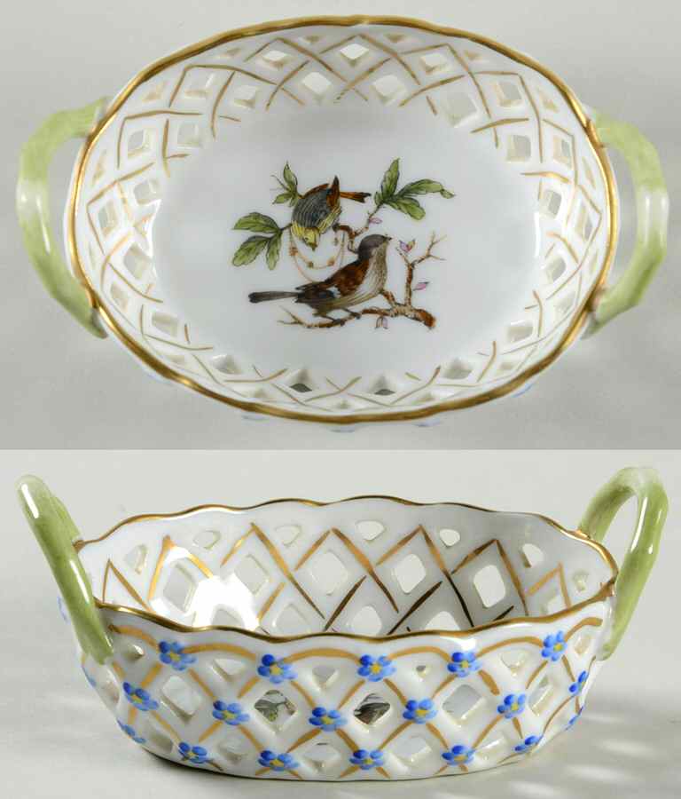 Rothschild Bird (RO) 3" Oval Handled Open Weave Basket by Herend-1