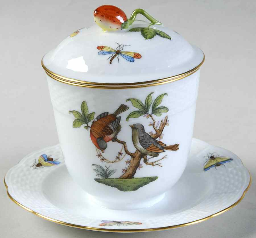Rothschild Bird (RO) Jam/Jelly & Lid w/Attached Underplate by Herend-1