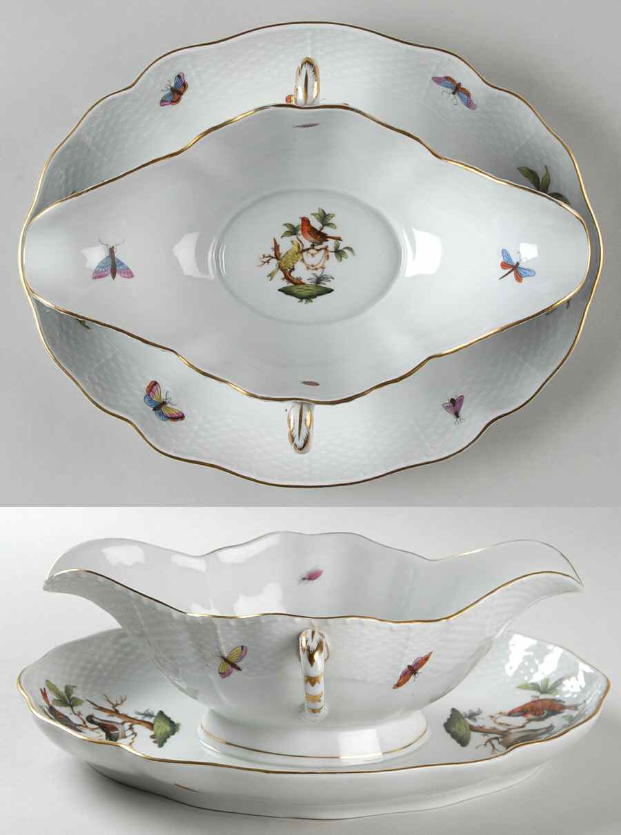 Rothschild Bird (RO) Gravy Boat with Attached Underplate by Herend-1