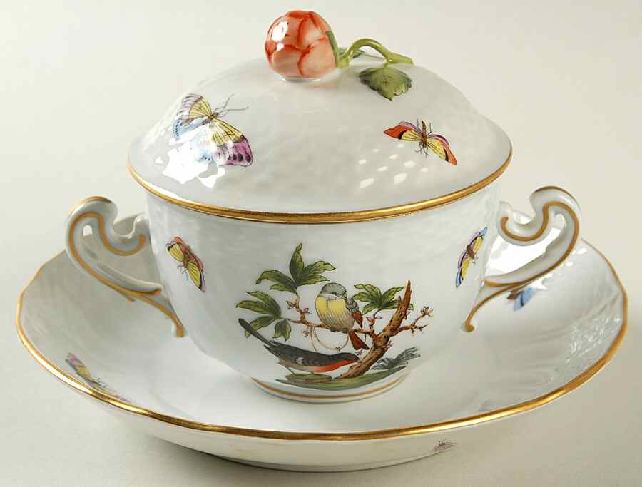 Rothschild Bird (RO) Cream Soup Bowl & Saucer Set with LId by Herend-1