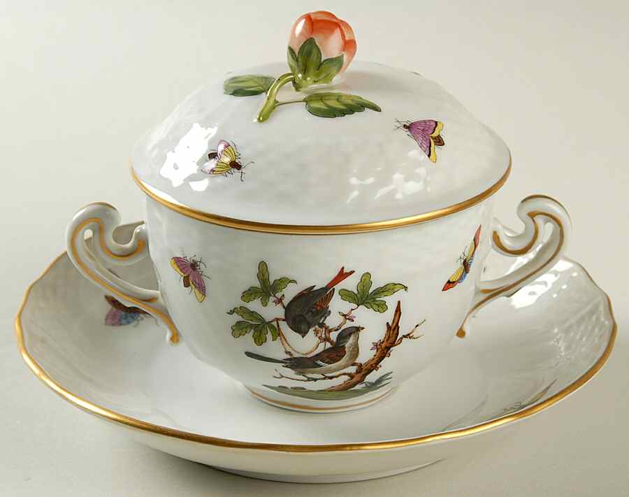 Rothschild Bird (RO) Cream Soup Bowl & Saucer Set with LId by Herend-1
