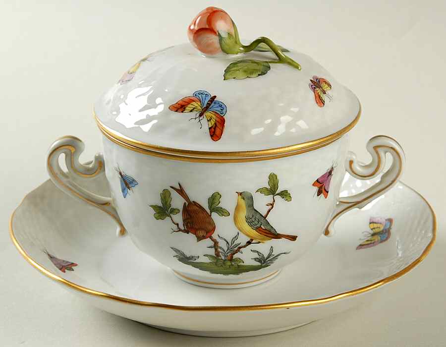 Rothschild Bird (RO) Cream Soup Bowl & Saucer Set with LId by Herend-1