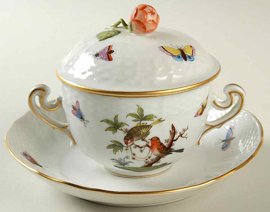 Rothschild Bird (RO) Cream Soup Bowl & Saucer Set with LId by Herend-1