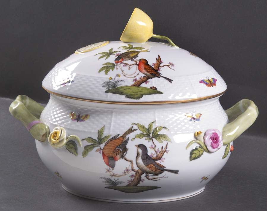 Rothschild Bird (RO) Oval Bean Pot & Lid by Herend-1