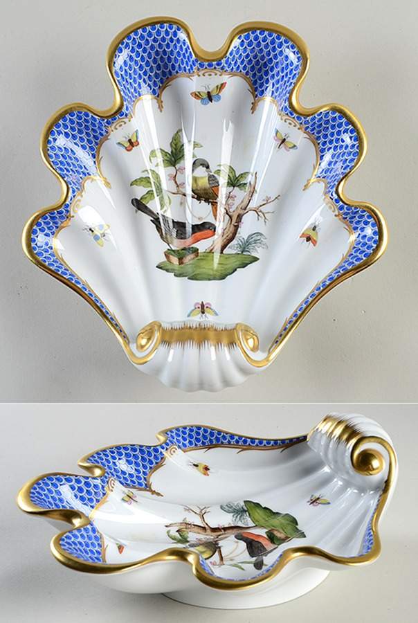 Rothschild Bird Blue Border (ROE ROEB) 9" Shell Shaped Dish by Herend-1