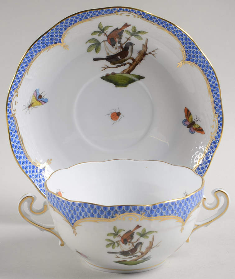 Rothschild Bird Blue Border (ROE ROEB) Flat Cream Soup Bowl & Saucer Set by Herend-1