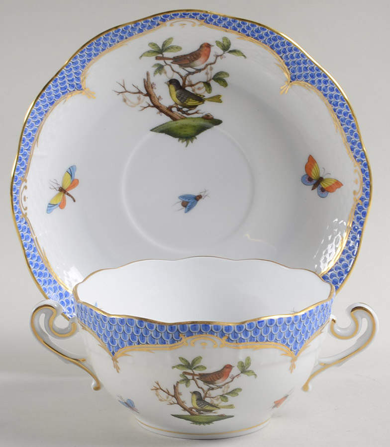 Rothschild Bird Blue Border (ROE ROEB) Flat Cream Soup Bowl & Saucer Set by Herend-1