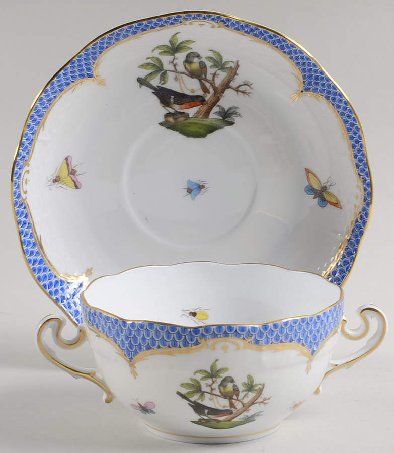 Rothschild Bird Blue Border (ROE ROEB) Flat Cream Soup & Saucer Set by Herend-1