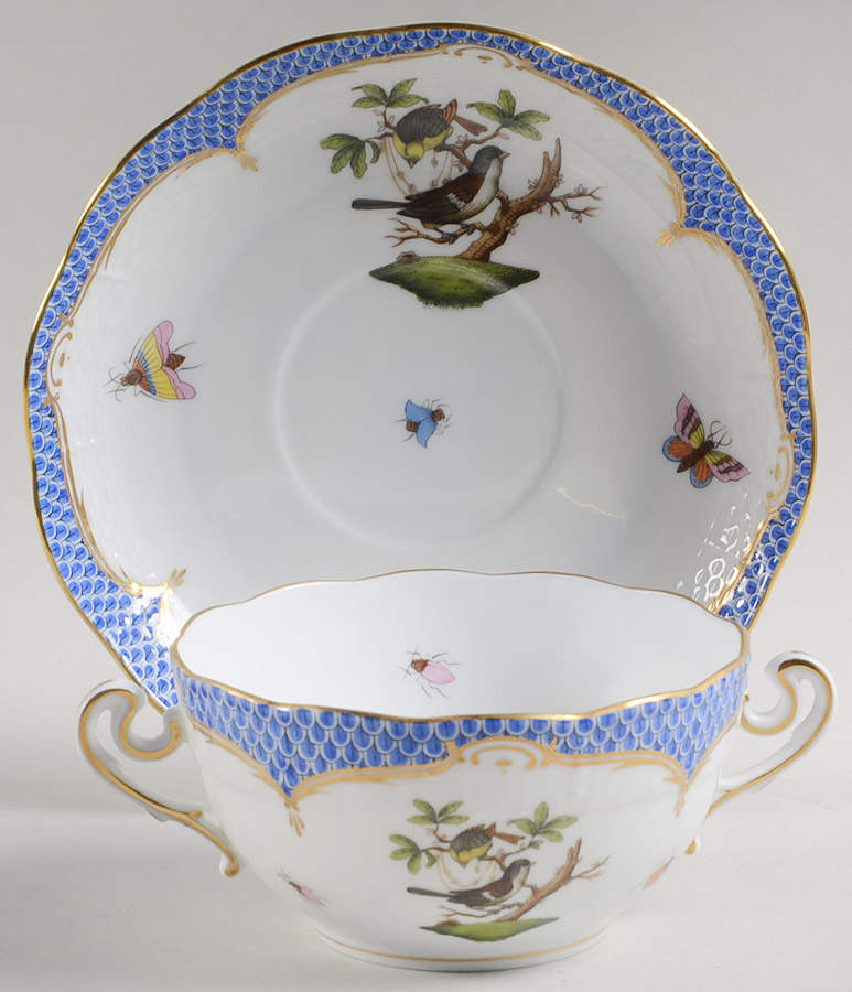 Rothschild Bird Blue Border (ROE ROEB) Flat Cream Soup Bowl & Saucer Set by Herend-1