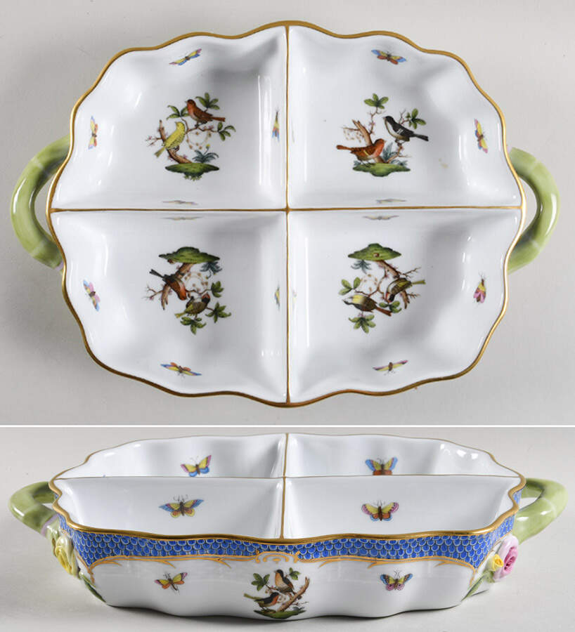 Rothschild Bird Blue Border (ROE ROEB) 4 Part Handled Hors d'Oeuvre Dish by Herend-1