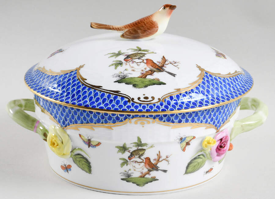 Rothschild Bird Blue Border (ROE ROEB) Small Round Covered Vegetable by Herend-1