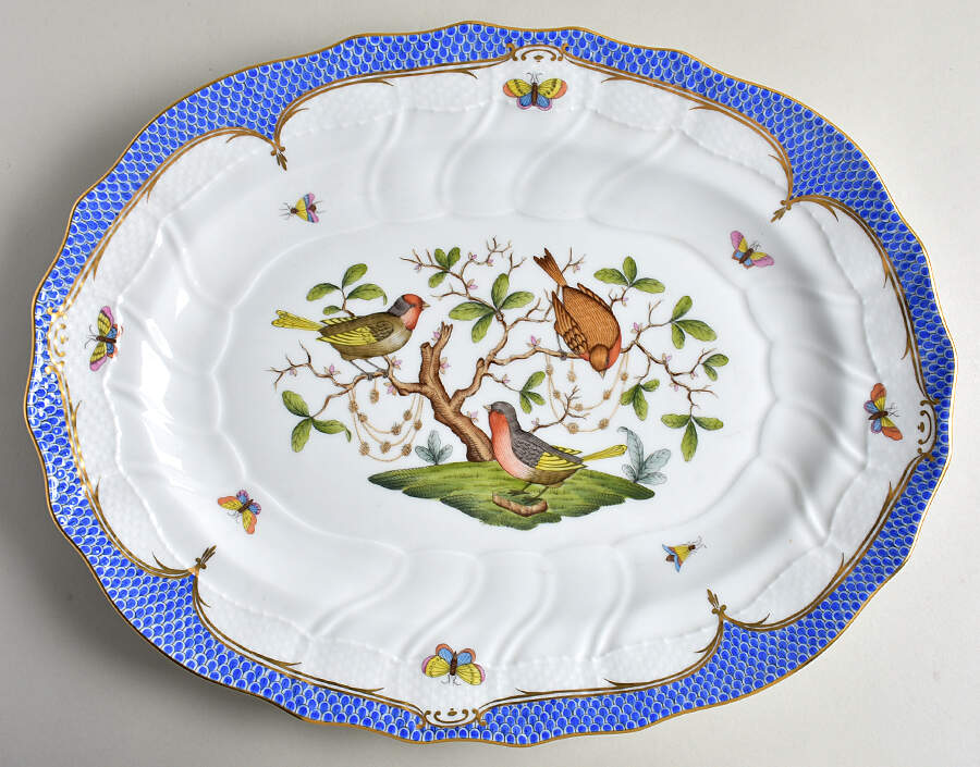 Rothschild Bird Blue Border (ROE ROEB) 16" Oval Serving Platter by Herend-1