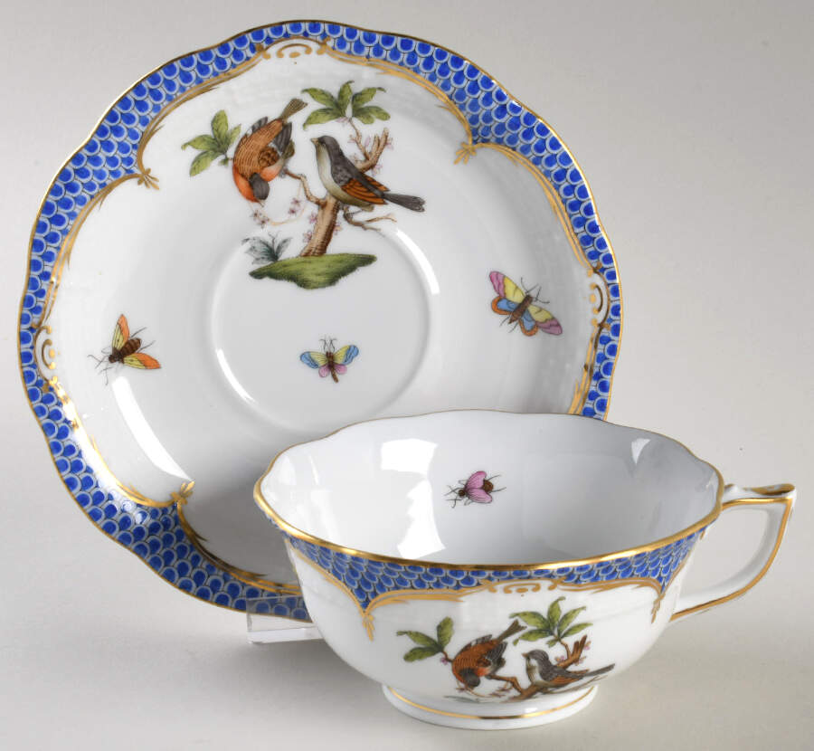Rothschild Bird Blue Border (ROE ROEB) Footed Cup & Saucer Set by Herend-1