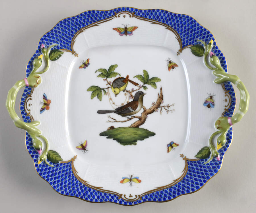 Rothschild Bird Blue Border (ROE ROEB) Square Handled Cake Plate by Herend-1