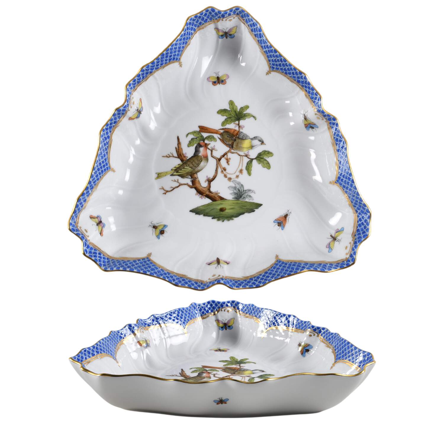 Rothschild Bird Blue Border (ROE ROEB) 10" Triangular Vegetable Bowl by Herend-1