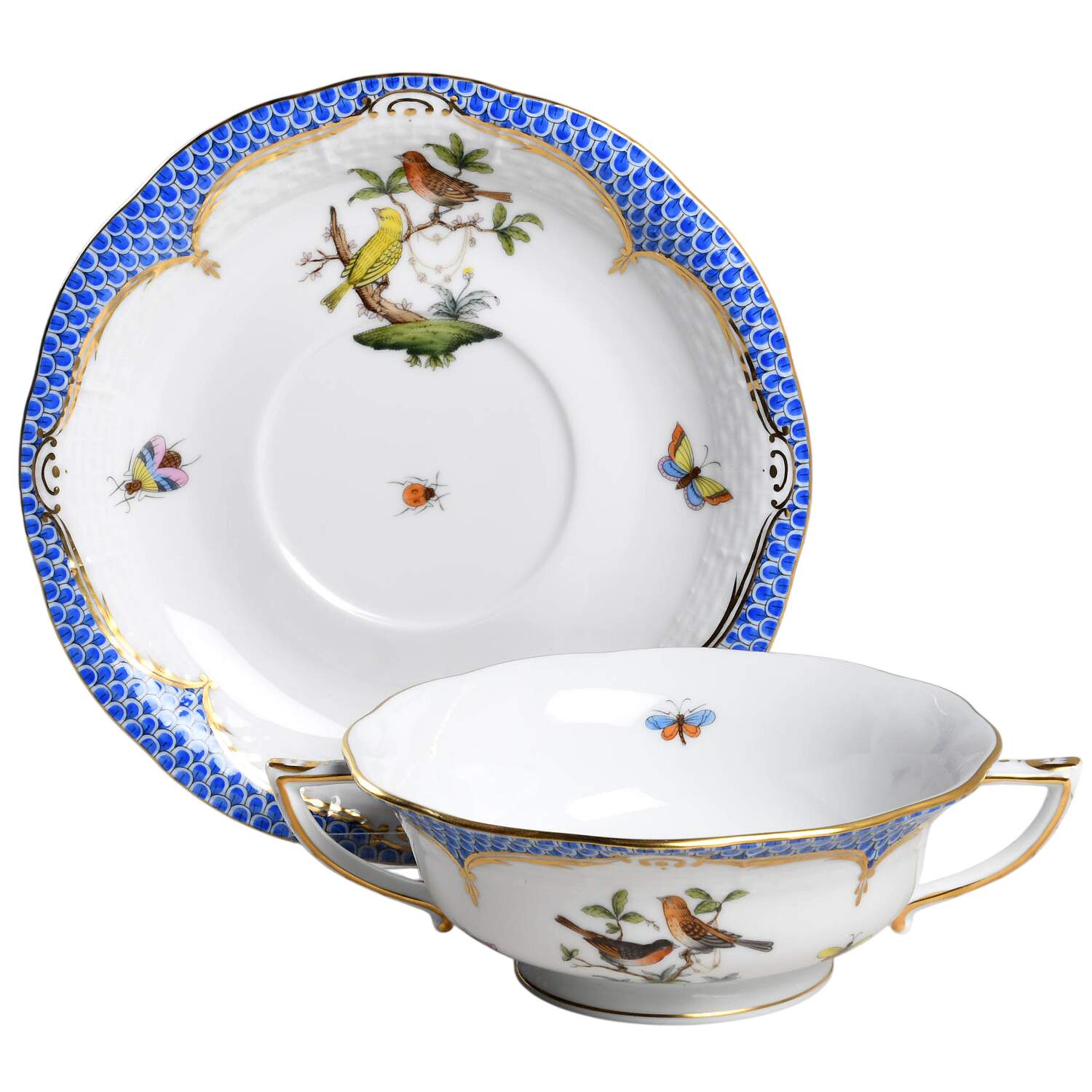 Rothschild Bird Blue Border (ROE ROEB) Footed Cream Soup Bowl & Saucer Set by Herend-1