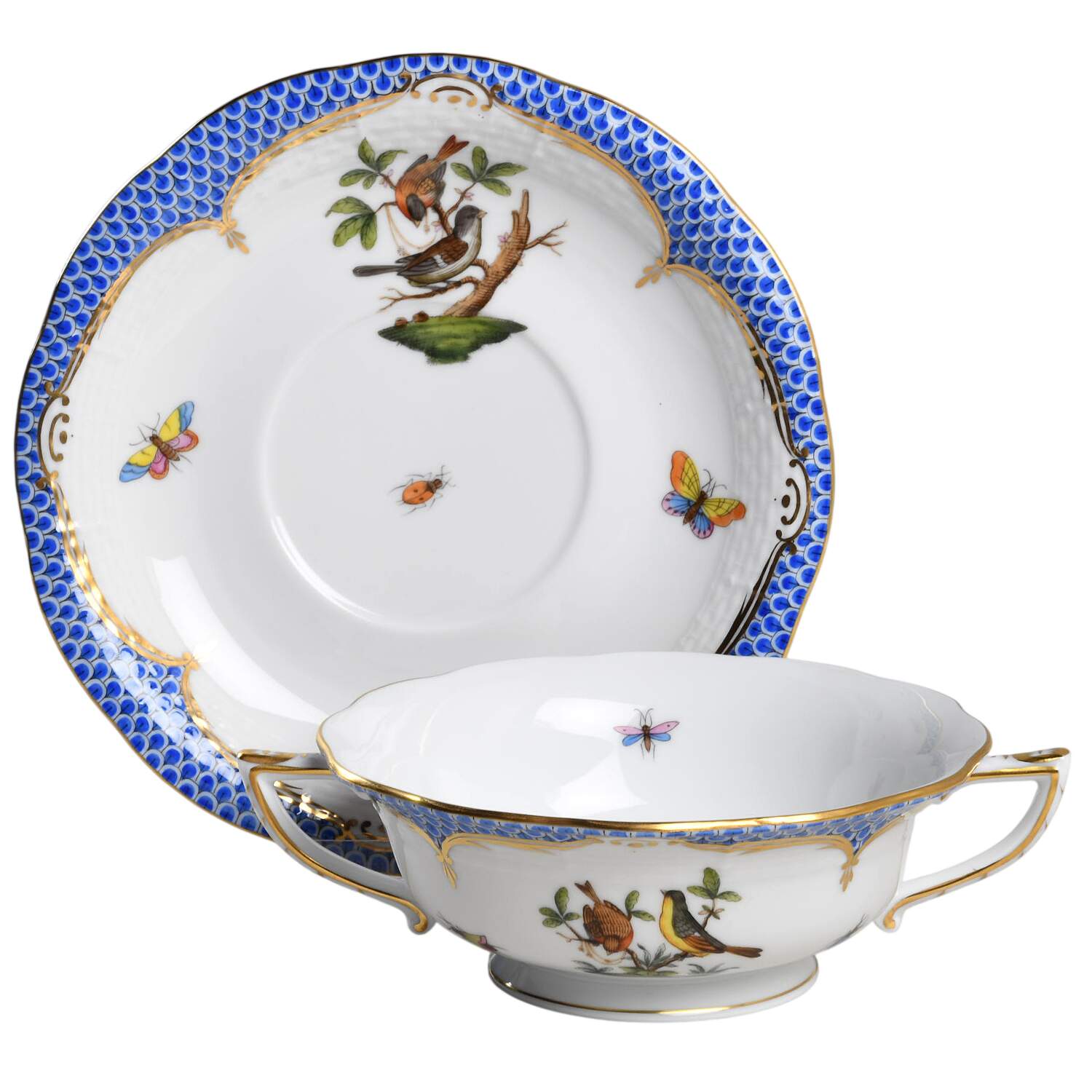 Rothschild Bird Blue Border (ROE ROEB) Footed Cream Soup Bowl & Saucer Set by Herend-1