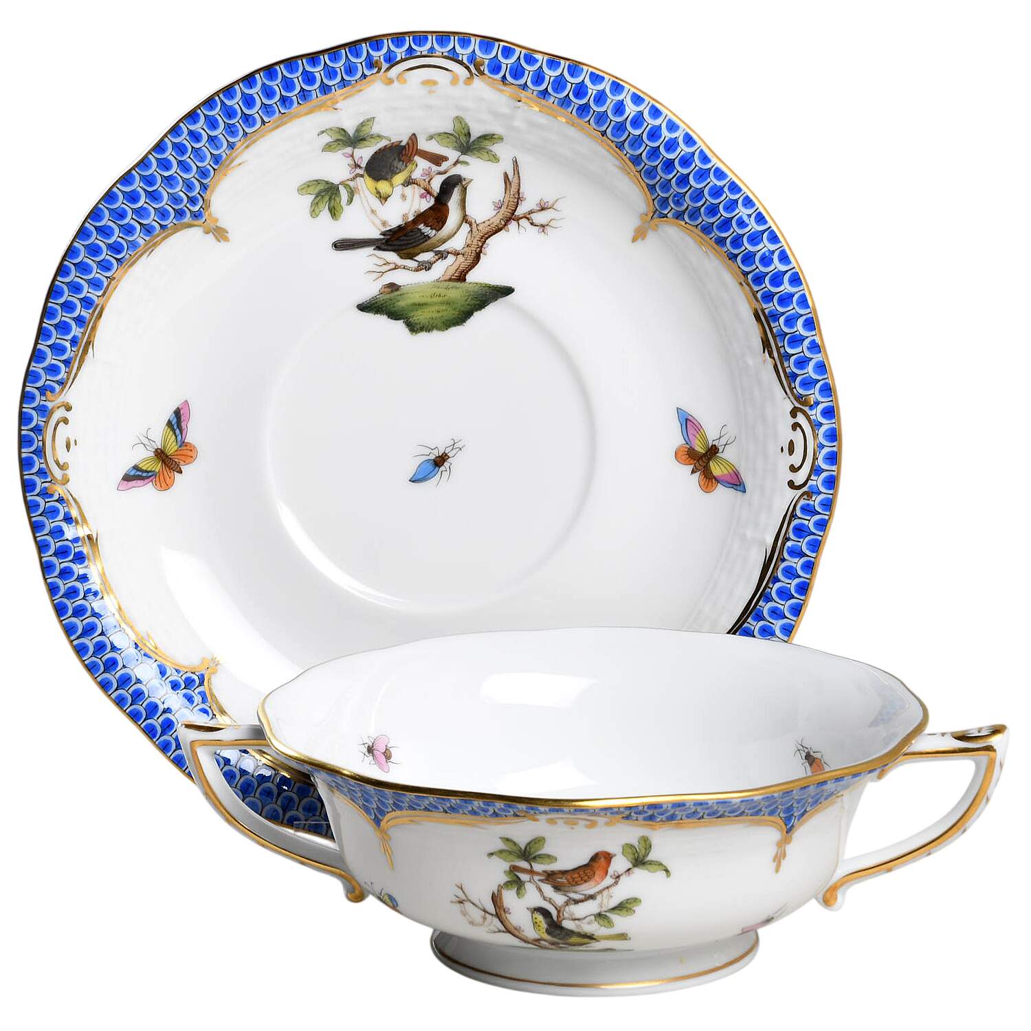 Rothschild Bird Blue Border (ROE ROEB) Footed Cream Soup Bowl & Saucer Set by Herend-1