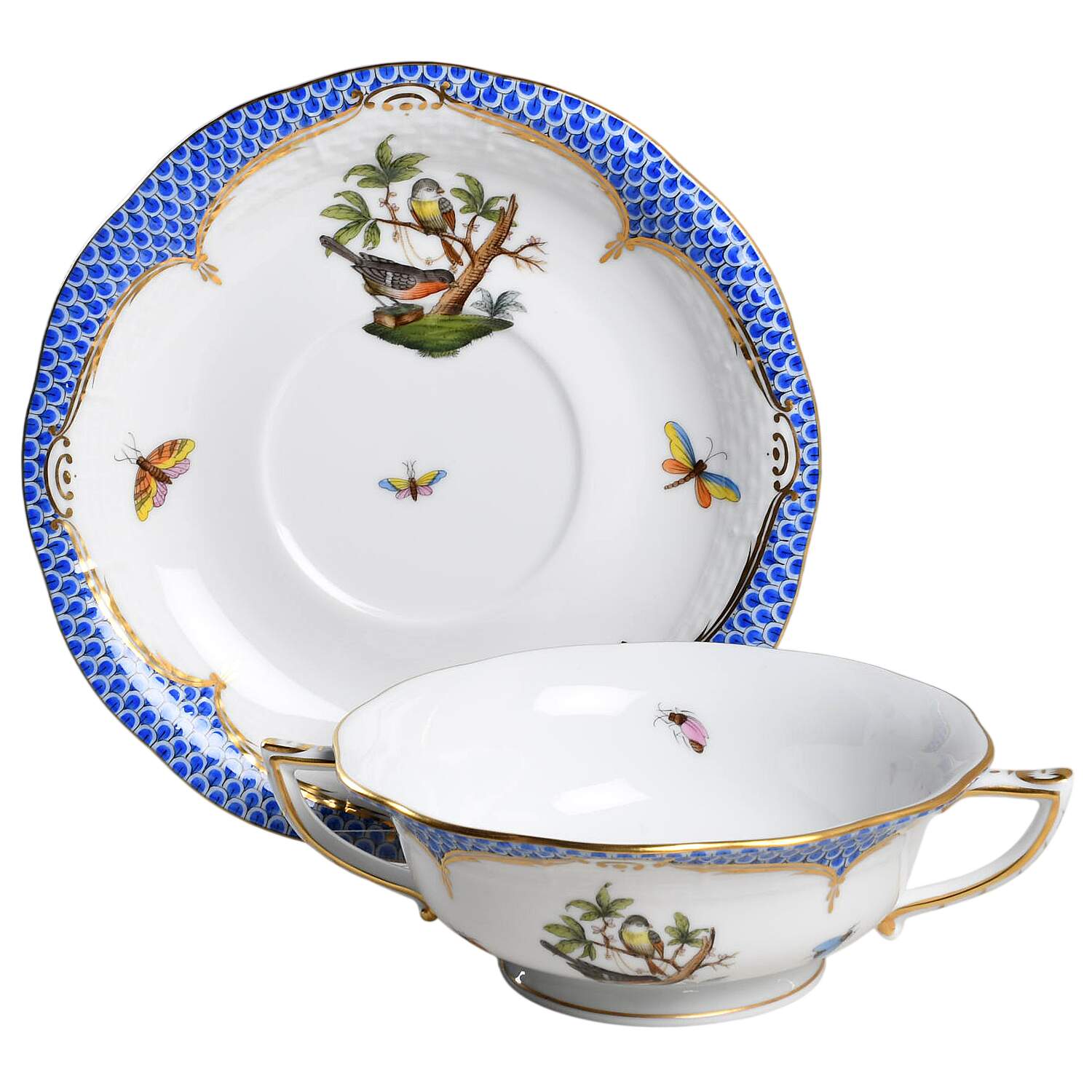 Rothschild Bird Blue Border (ROE ROEB) Footed Cream Soup Bowl & Saucer Set by Herend-1