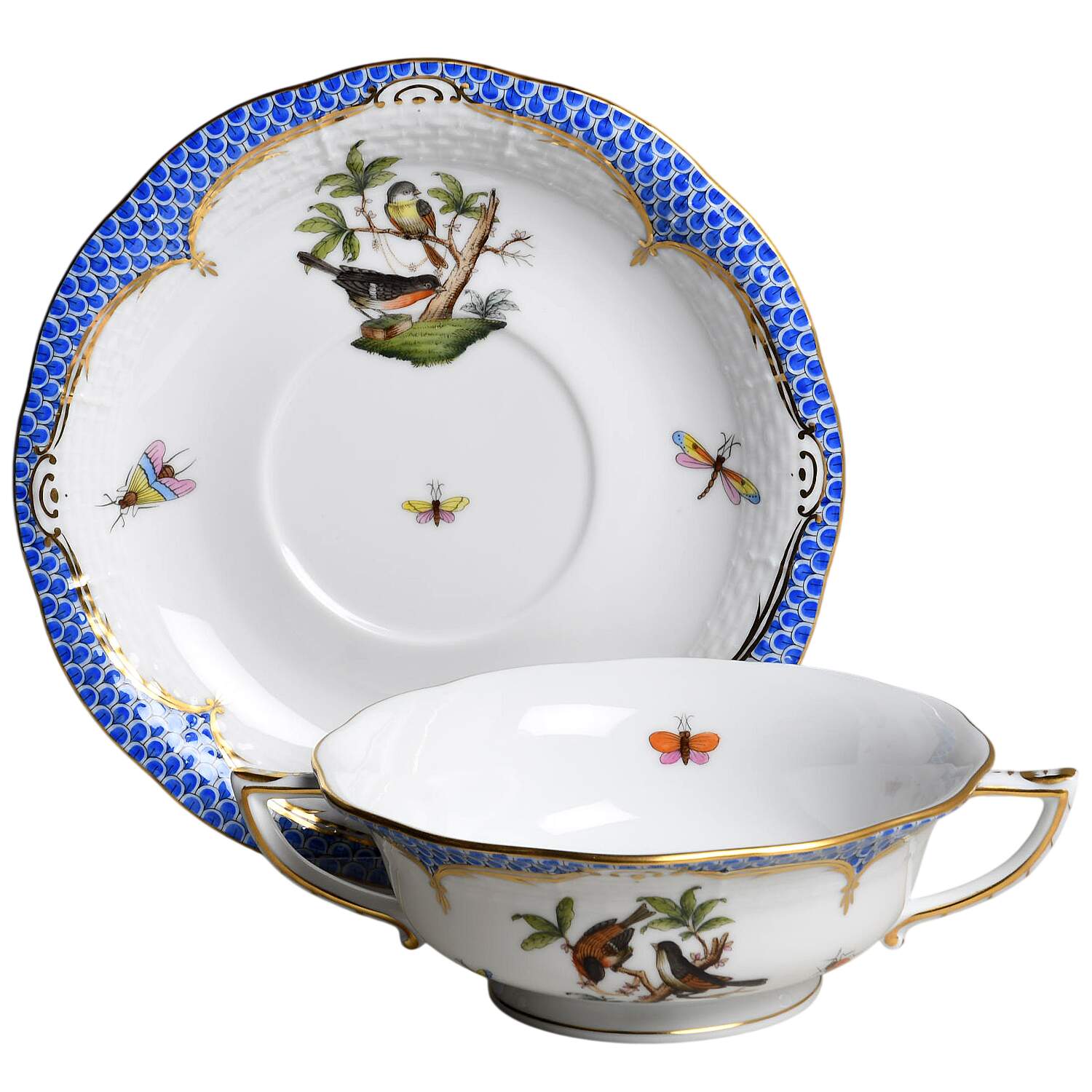 Rothschild Bird Blue Border (ROE ROEB) Footed Cream Soup Bowl & Saucer Set by Herend-1