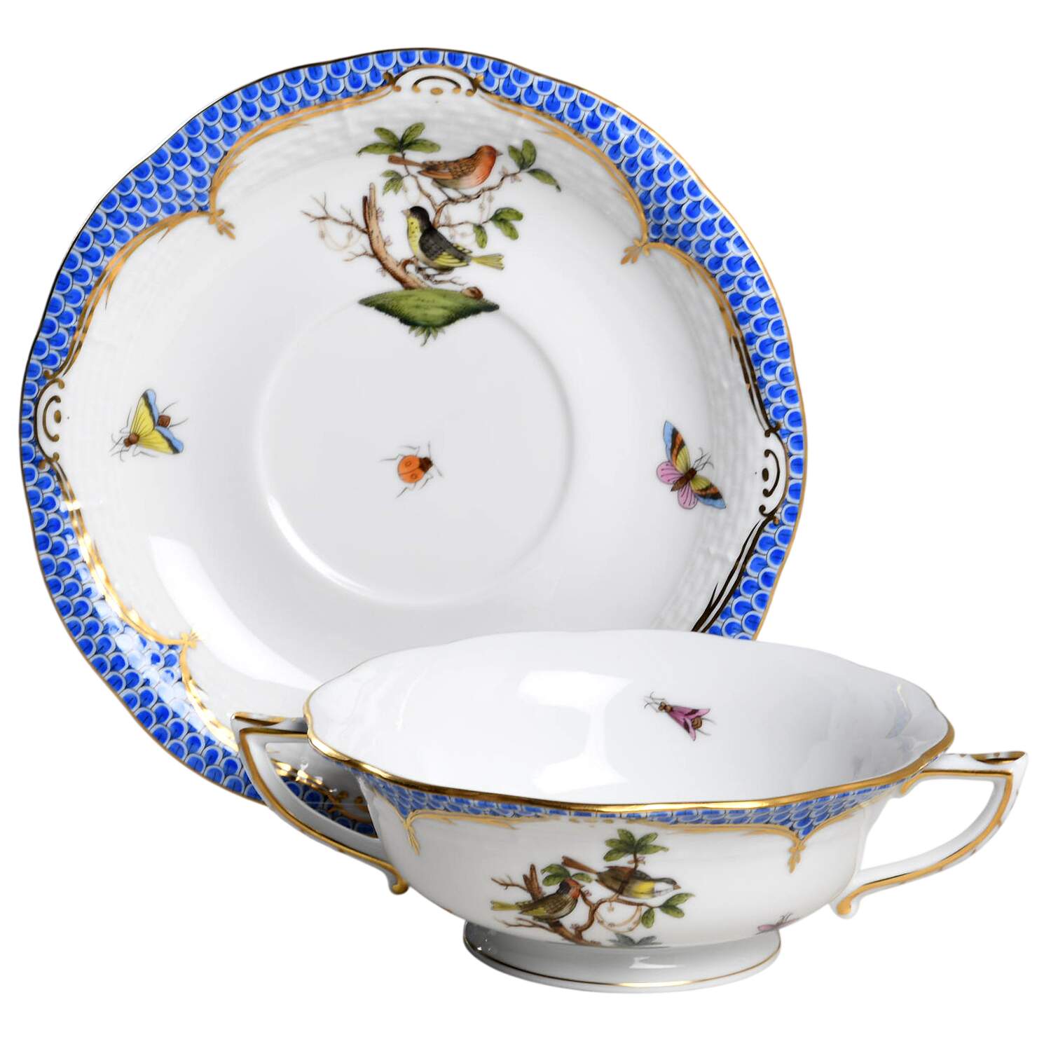 Rothschild Bird Blue Border (ROE ROEB) Footed Cream Soup Bowl & Saucer Set by Herend-1