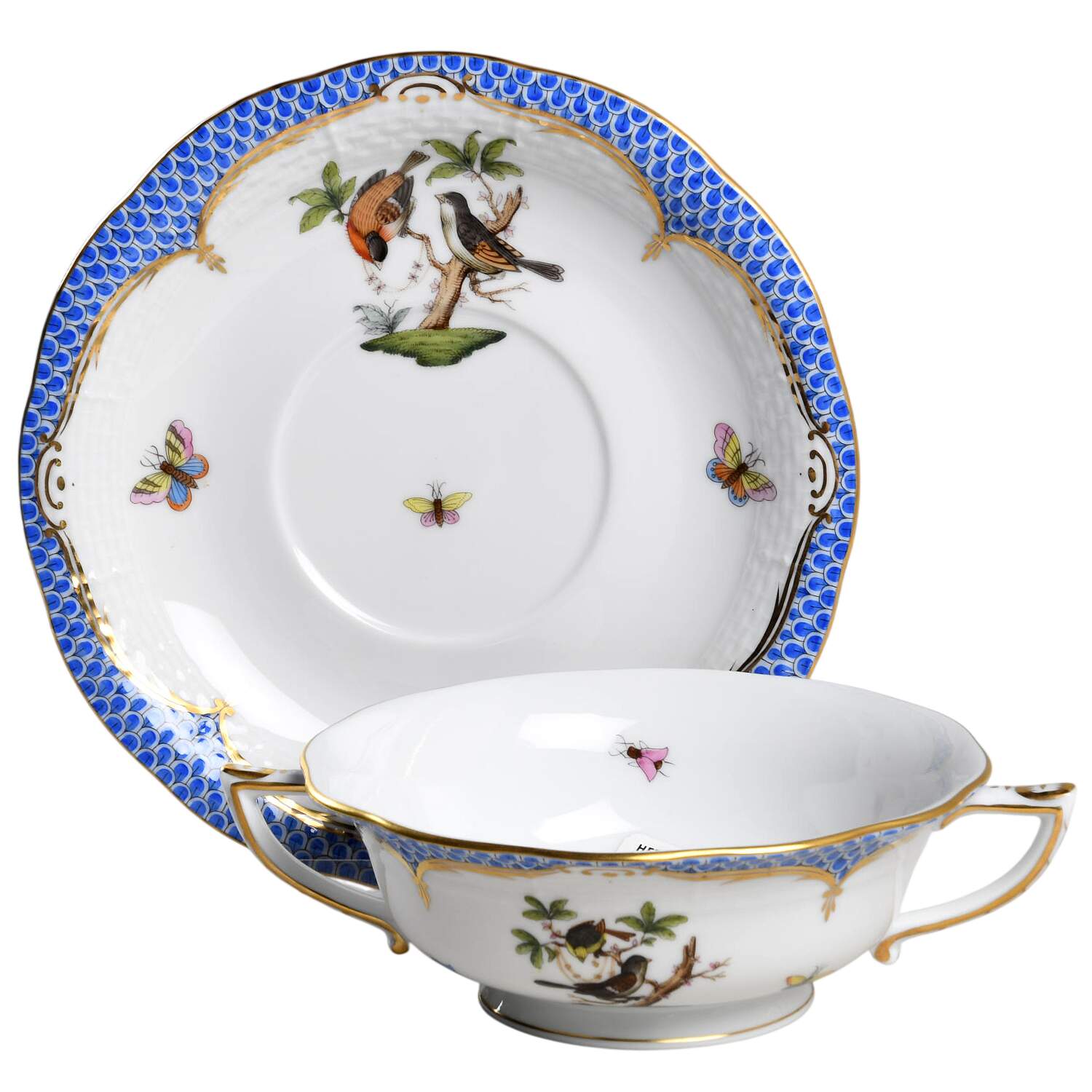 Rothschild Bird Blue Border (ROE ROEB) Footed Cream Soup Bowl & Saucer Set by Herend-1