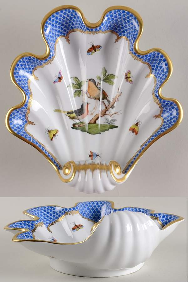 Rothschild Bird Blue Border (ROE ROEB) 9" Shell Shaped Dish by Herend-1