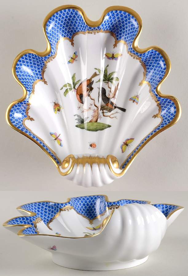Rothschild Bird Blue Border (ROE ROEB) 9" Shell Shaped Dish by Herend-1