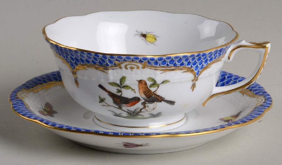 Rothschild Bird Blue Border (ROE ROEB) Footed Cup & Saucer Set by Herend-1