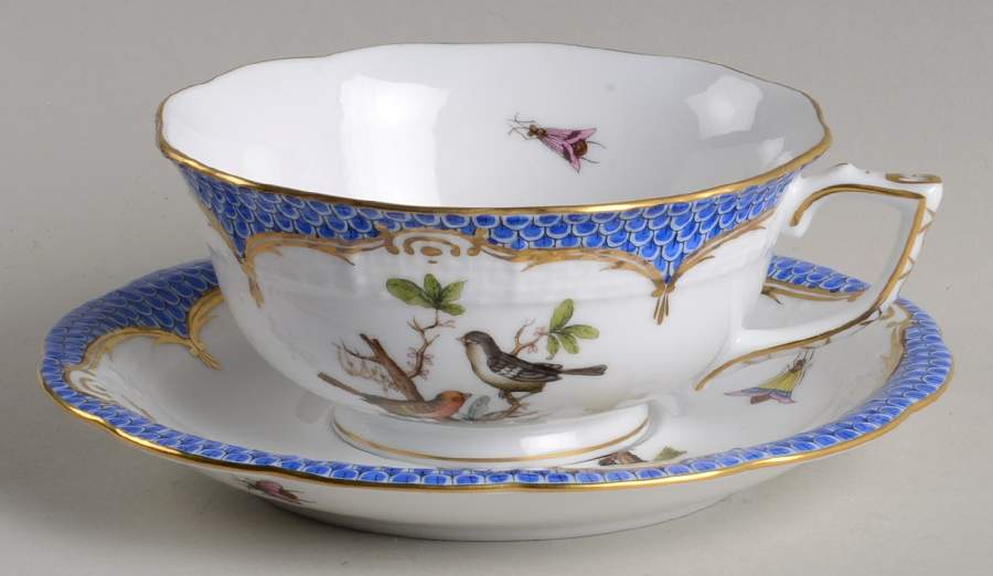 Rothschild Bird Blue Border (ROE ROEB) Footed Cup & Saucer Set by Herend-1