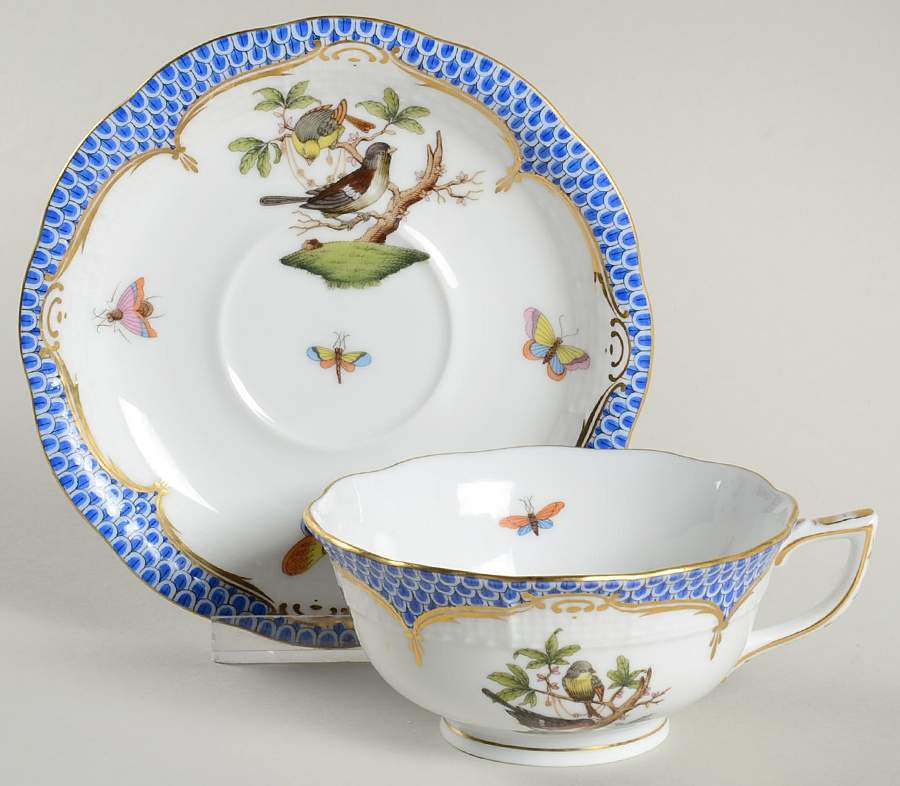 Rothschild Bird Blue Border (ROE ROEB) Footed Cup & Saucer Set by Herend-1