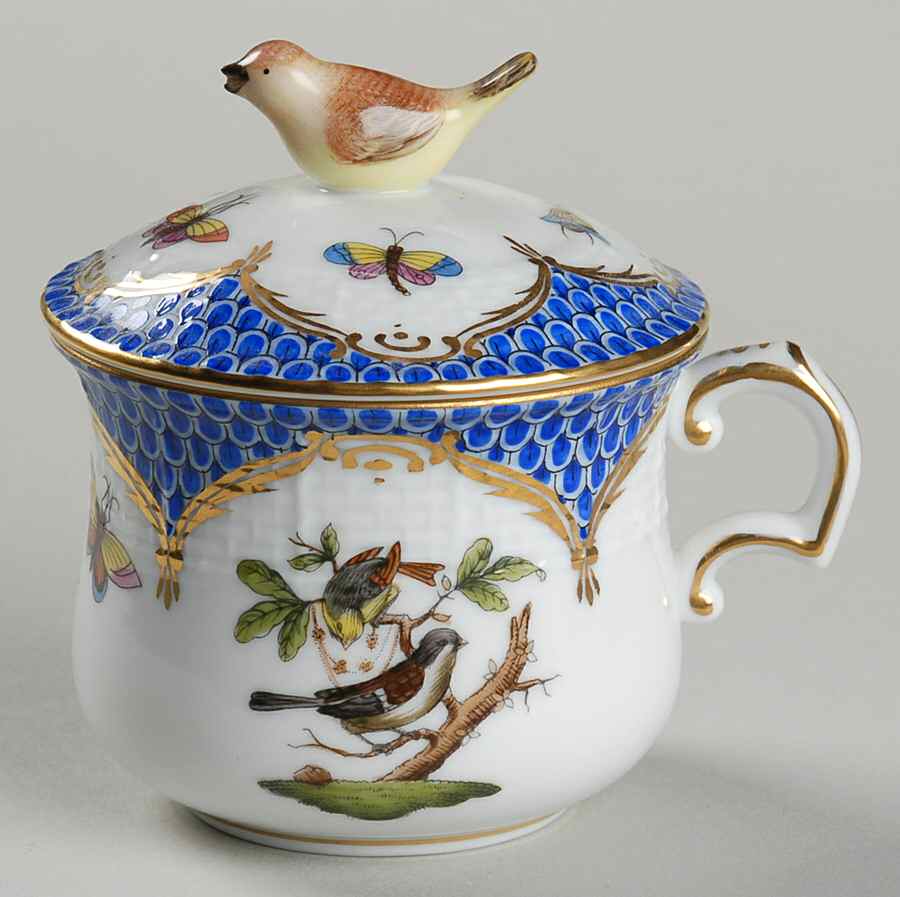 Rothschild Bird Blue Border (ROE ROEB) Pot de Creme (2 Pc)-Lid & Base by Herend-1