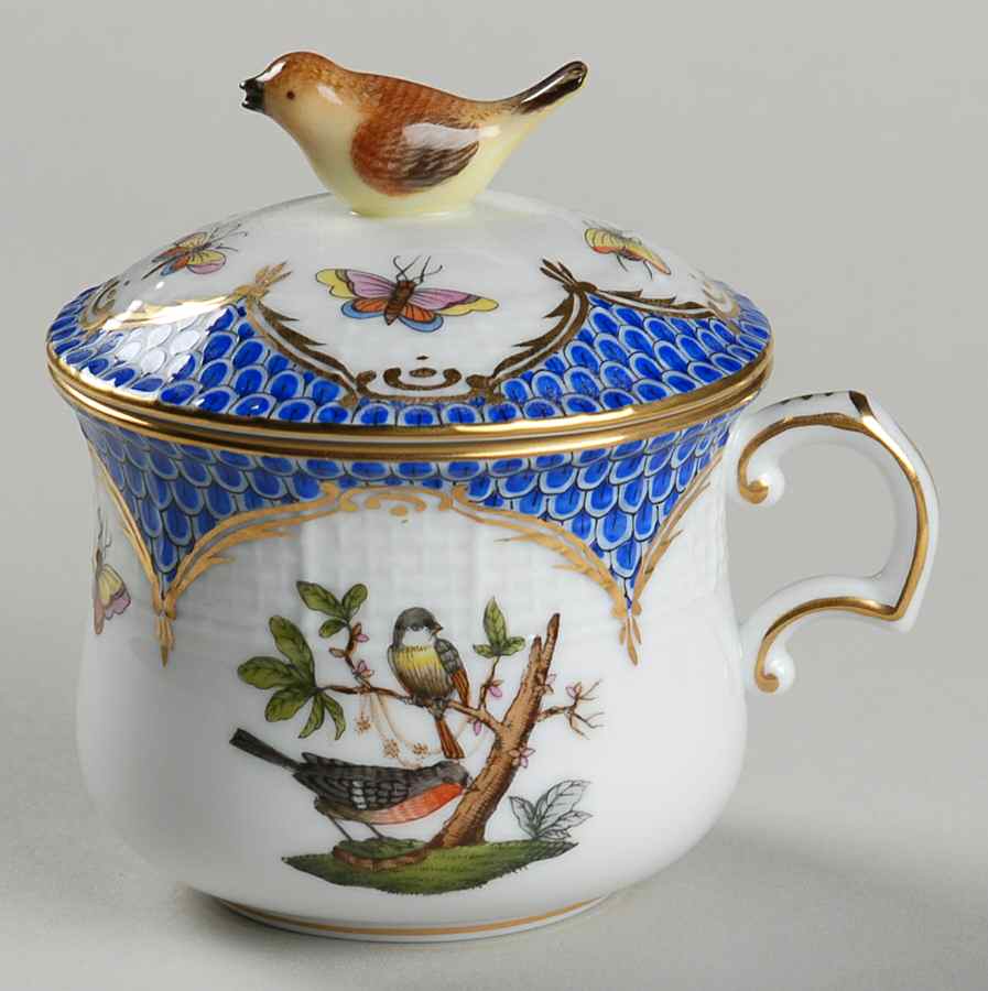 Rothschild Bird Blue Border (ROE ROEB) Pot de Creme (2 Pc)-Lid & Base by Herend-1