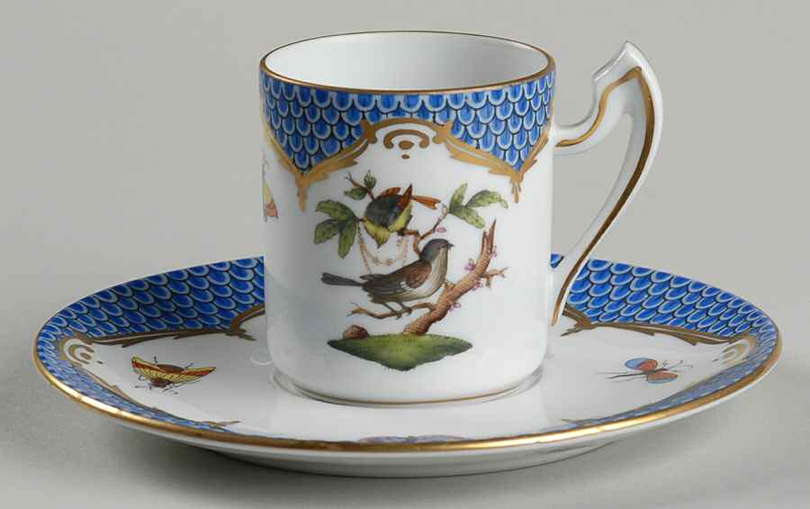 Rothschild Bird Blue Border (ROE ROEB) Flat Demitasse Cup & Saucer Set by Herend-1