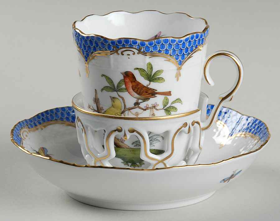 Rothschild Bird Blue Border (ROE ROEB) Trembleuse Cup & Saucer Set by Herend-1