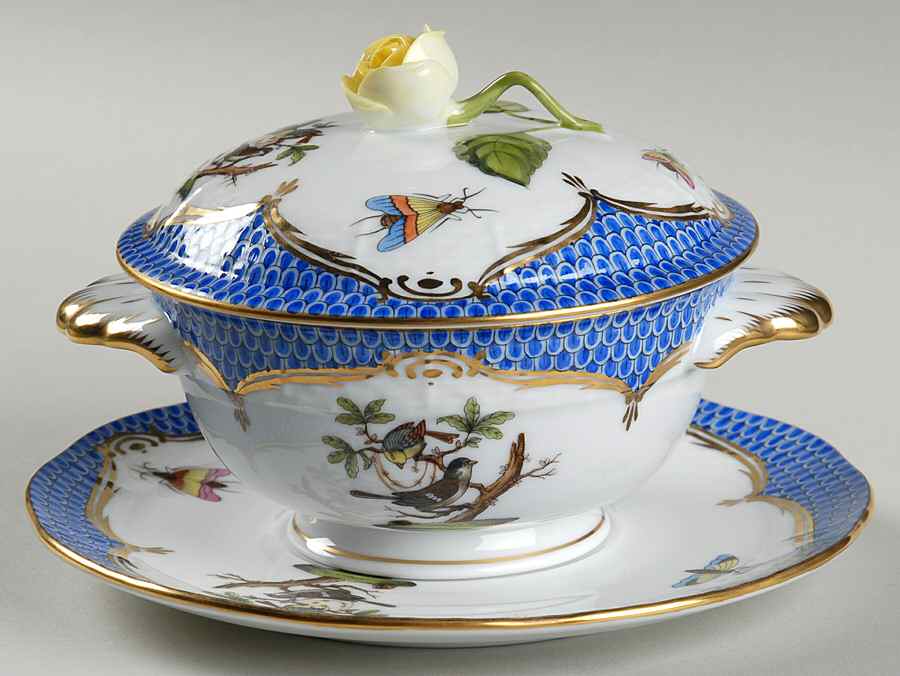 Rothschild Bird Blue Border (ROE ROEB) Cream Soup Bowl & Saucer Set with Lid by Herend-1