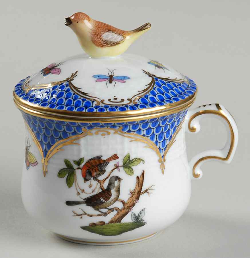 Rothschild Bird Blue Border (ROE ROEB) Pot de Creme (2 Pc)-Lid & Base by Herend-1