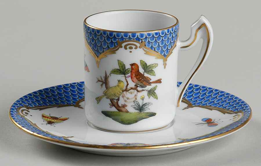 Rothschild Bird Blue Border (ROE ROEB) Flat Demitasse Cup & Saucer Set by Herend-1