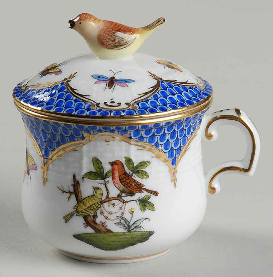 Rothschild Bird Blue Border (ROE ROEB) Pot de Creme (2 Pc)-Lid & Base by Herend-1