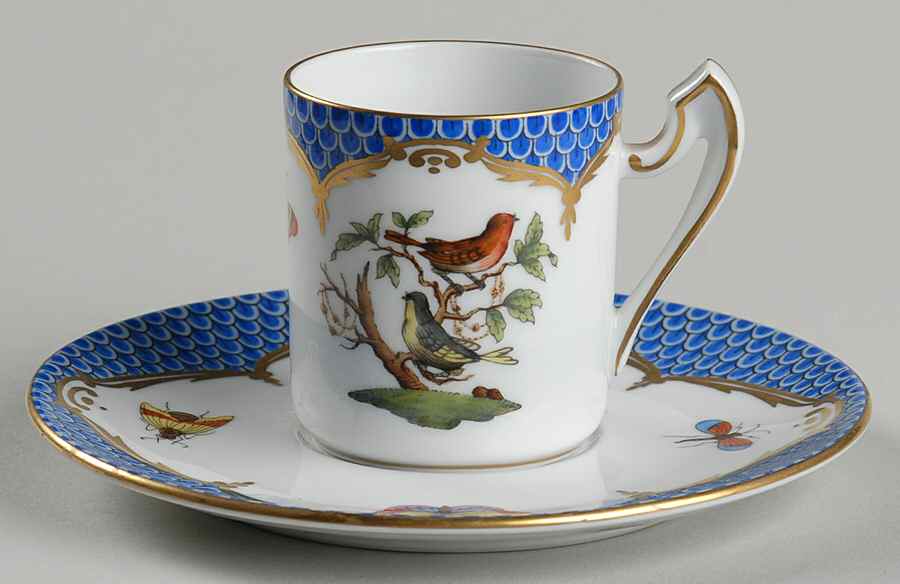 Rothschild Bird Blue Border (ROE ROEB) Flat Demitasse Cup & Saucer Set by Herend-1