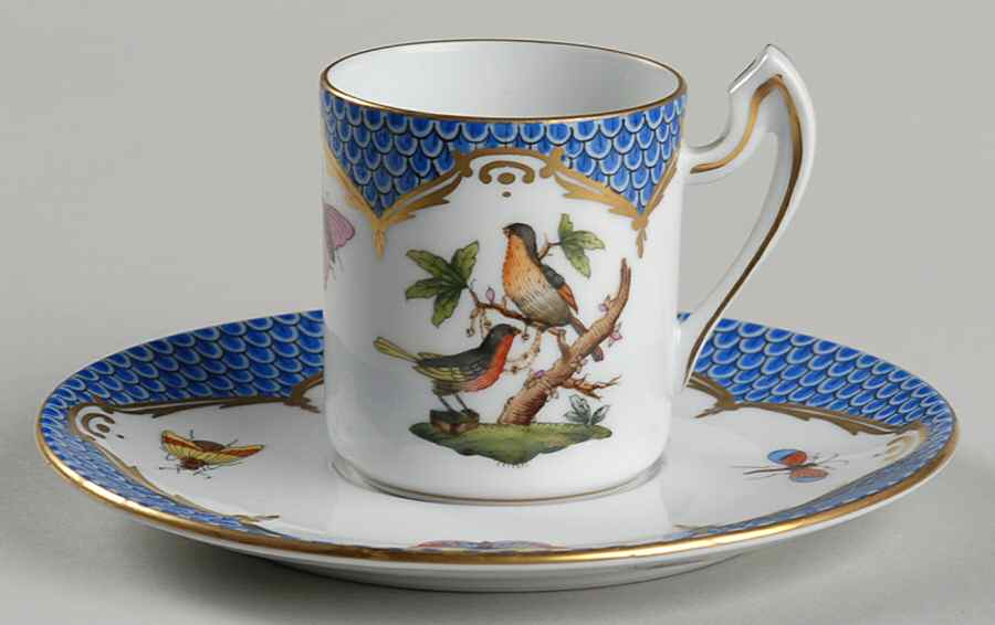 Rothschild Bird Blue Border (ROE ROEB) Flat Demitasse Cup & Saucer Set by Herend-1