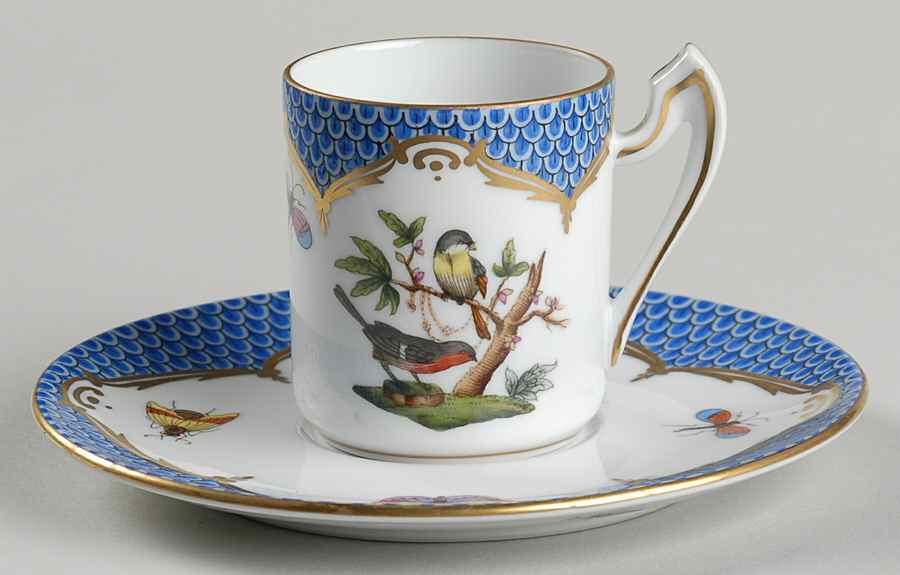 Rothschild Bird Blue Border (ROE ROEB) Flat Demitasse Cup & Saucer Set by Herend-1