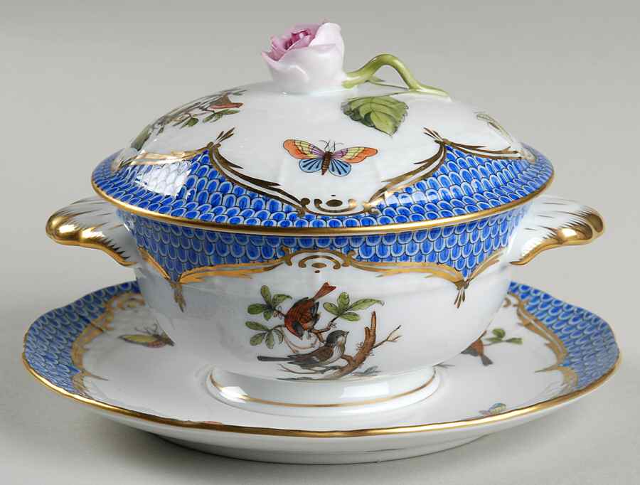 Rothschild Bird Blue Border (ROE ROEB) Cream Soup Bowl & Saucer Set with Lid by Herend-1