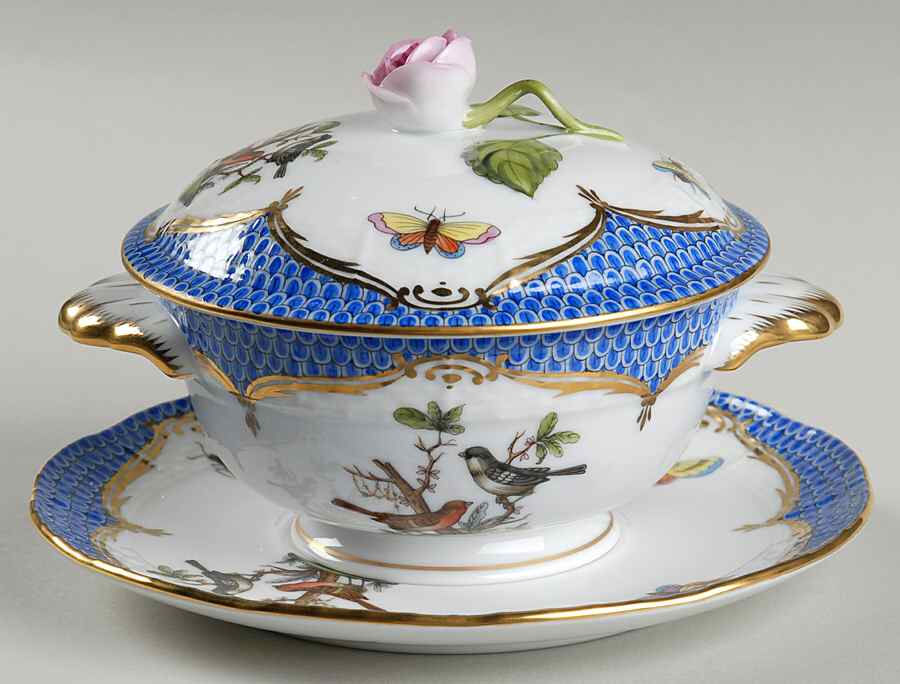 Rothschild Bird Blue Border (ROE ROEB) Cream Soup Bowl & Saucer Set with Lid by Herend-1