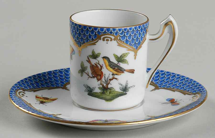 Rothschild Bird Blue Border (ROE ROEB) Flat Demitasse Cup & Saucer Set by Herend-1