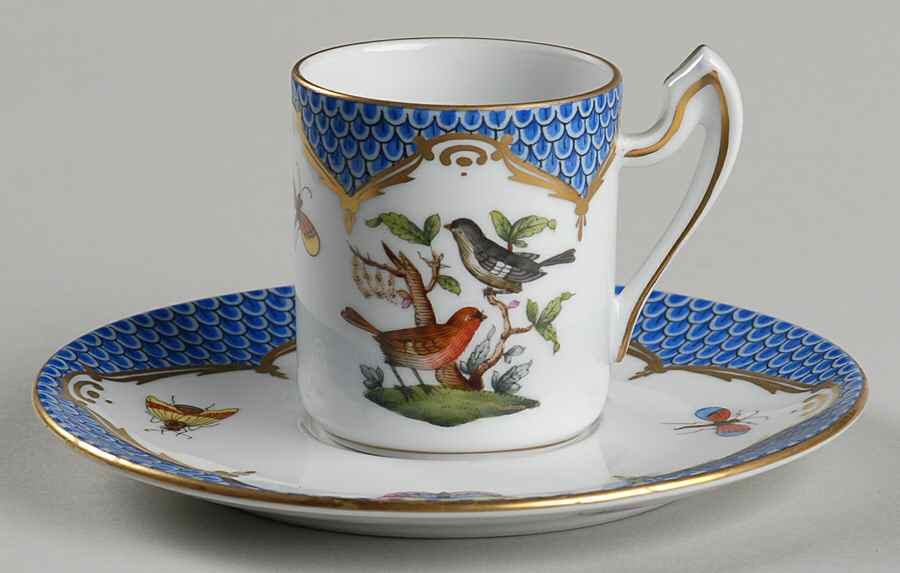Rothschild Bird Blue Border (ROE ROEB) Flat Demitasse Cup & Saucer Set by Herend-1