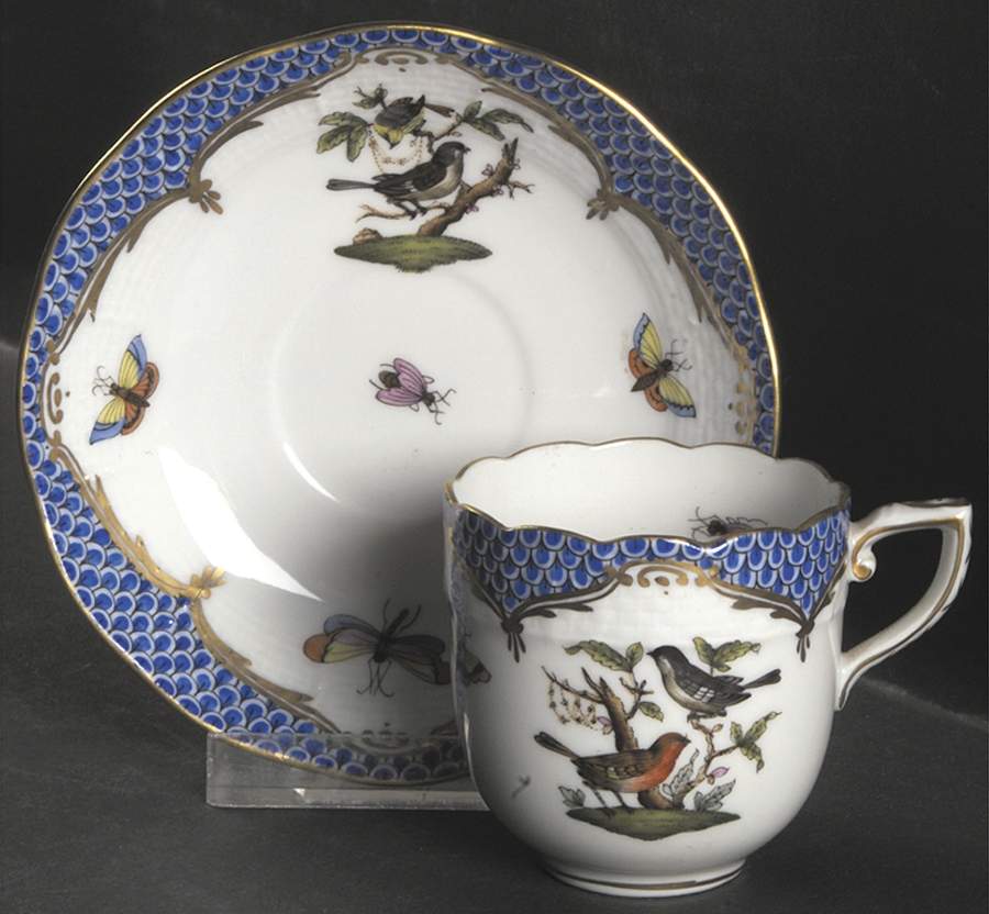 Rothschild Bird Blue Border (ROE ROEB) Flat Demitasse Cup & Saucer Set by Herend-1